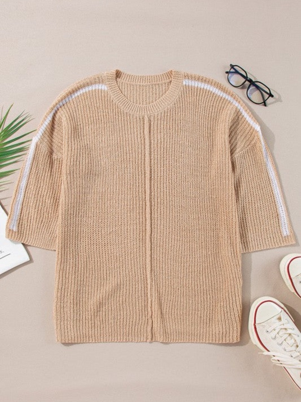 Beige Crewneck Sweater with White Shoulder Stripes
